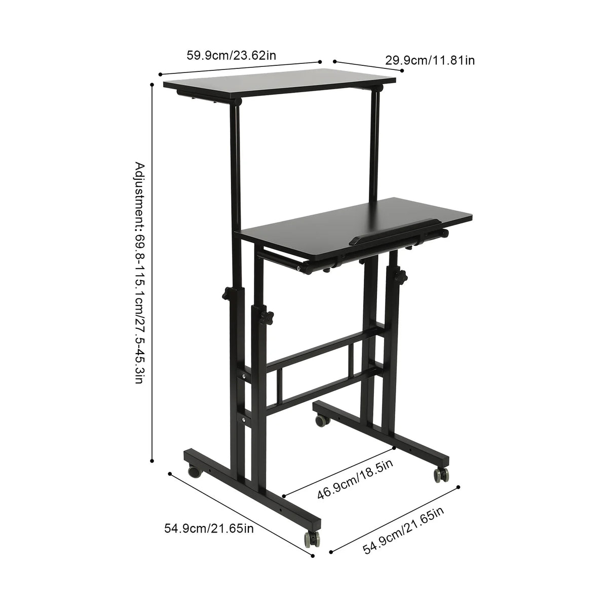 24" Mobile Stand Up Desk Adjustable Height Small Storage Desk with Wheels Black X47652