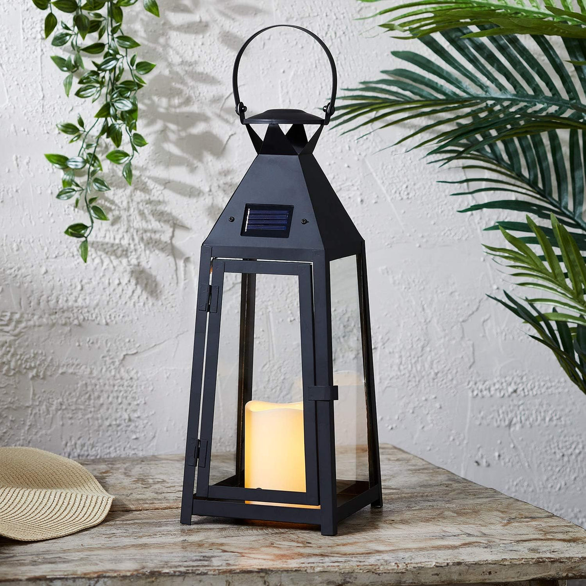 15.5” Black Metal Solar Powered LED Outdoor Lantern H565755