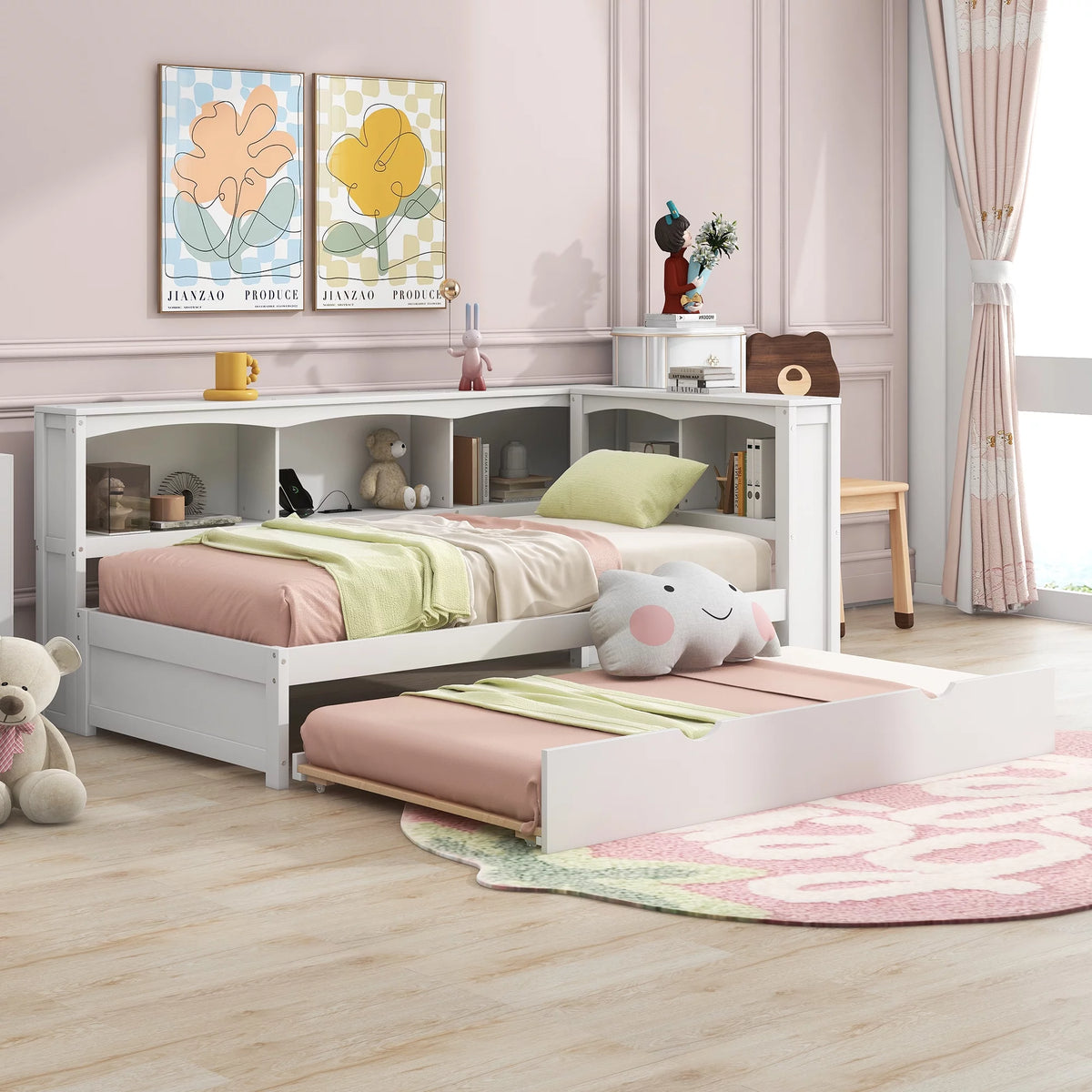 Twin over Twin Size Wood Daybed with Trundle and Storage Cabinets (White) E24116