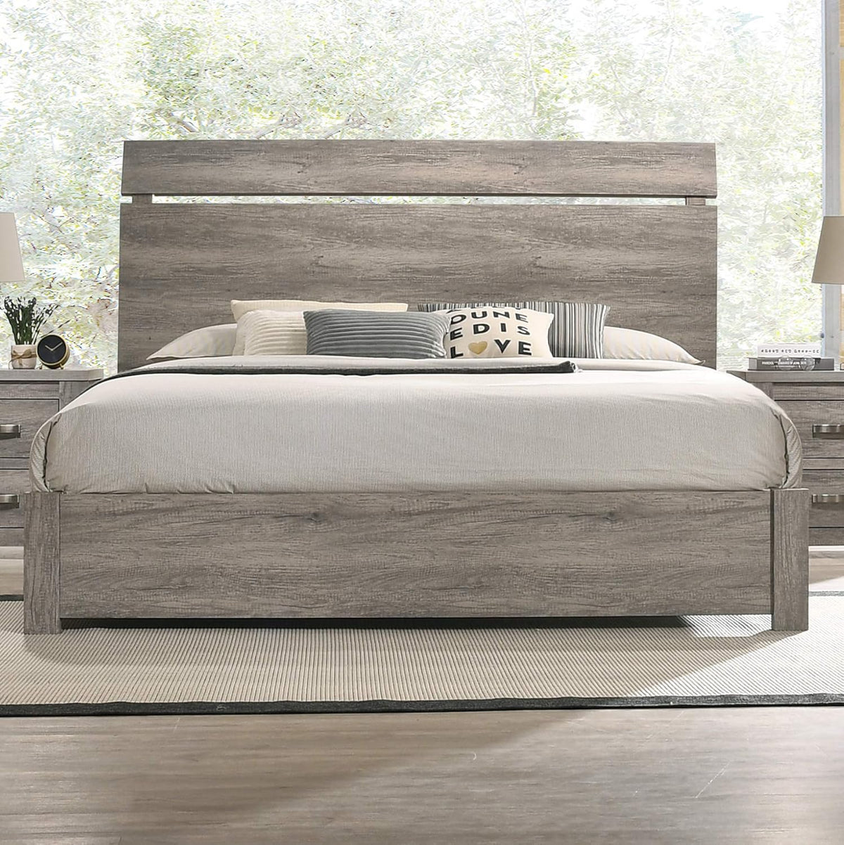 Weathered Gray Wood Queen Panel Bed, Dresser, Mirror, Nightstand, Chest L56132