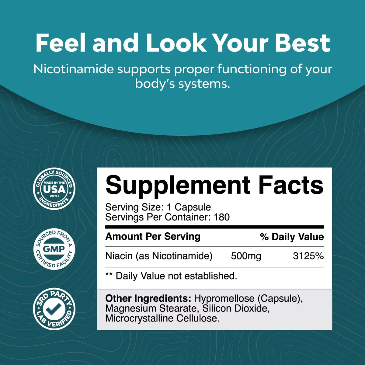 500mg Niacinamide Capsules - 180 Count E284