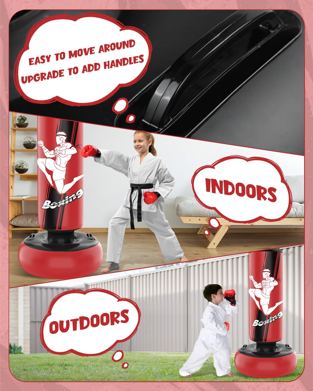66 Inch Inflatable Punching Bag with Boxing Gloves (Red) H787592