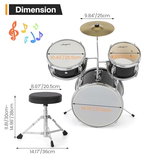 3 Piece Junior Drum Set with Cymbal, Tom, Bass Drum, Drumsticks, Bass Pedal and Drum Stool, Black W123725