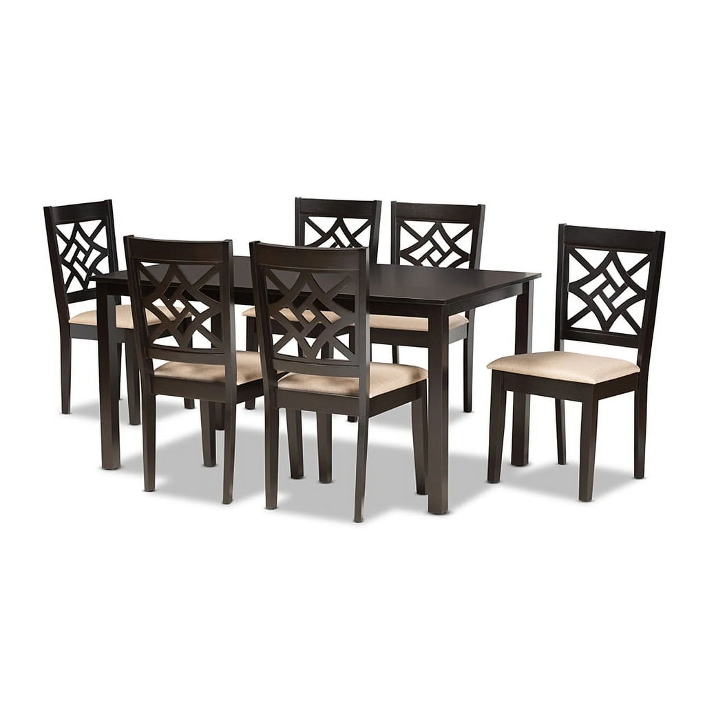 Sand Fabric Upholstered Dark Brown Wood 7-Piece Dining Set U20601