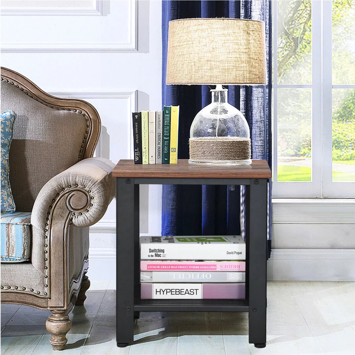 Set of 2 Black 2 Tier Side Table with Storage Shelf H98993
