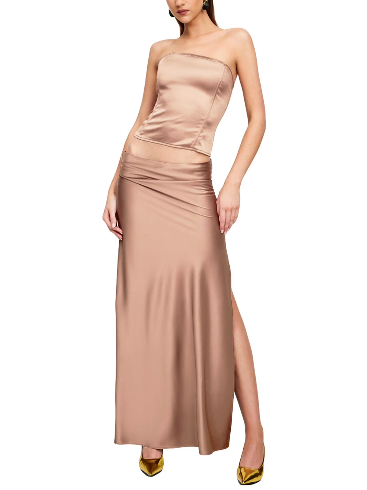 Satin Strapless Tube Tops High Waist Bodycon Slit Long Skirt Set F217