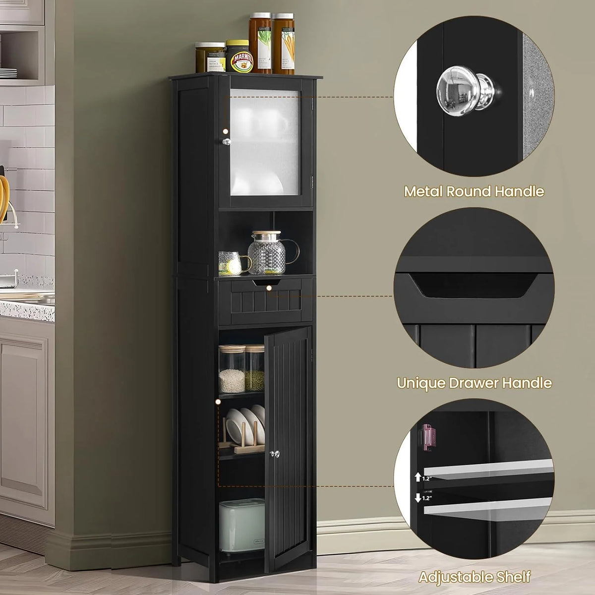 67.2" H Black Bathroom Storage Cabinet with 2 Doors & 1 Drawer Z8624