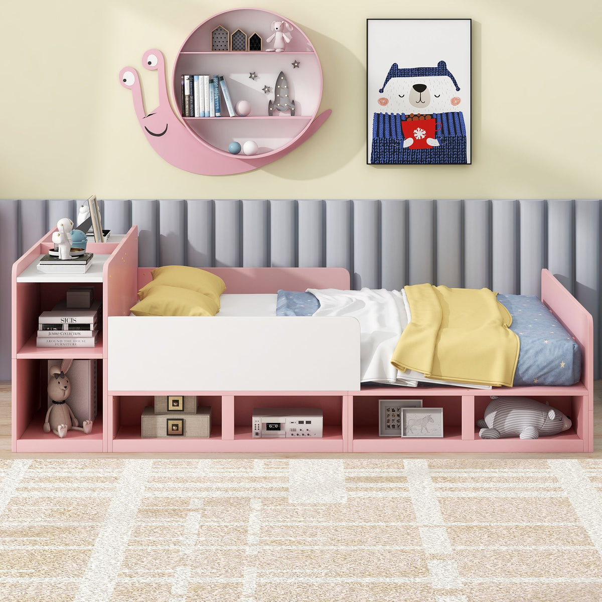 Wood Platform Bed with Storage Headboard and Cabinets P3477