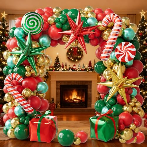 Christmas Balloon Arch Kit, 179PCS Red Green Gold Balloon Garland J7460