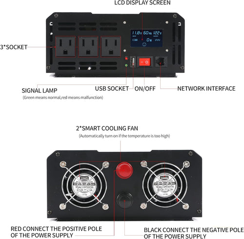 1000W Pure Sine Wave Power Inverter DC 12V to AC 120V with LCD Display Remote Control USB Port D121801