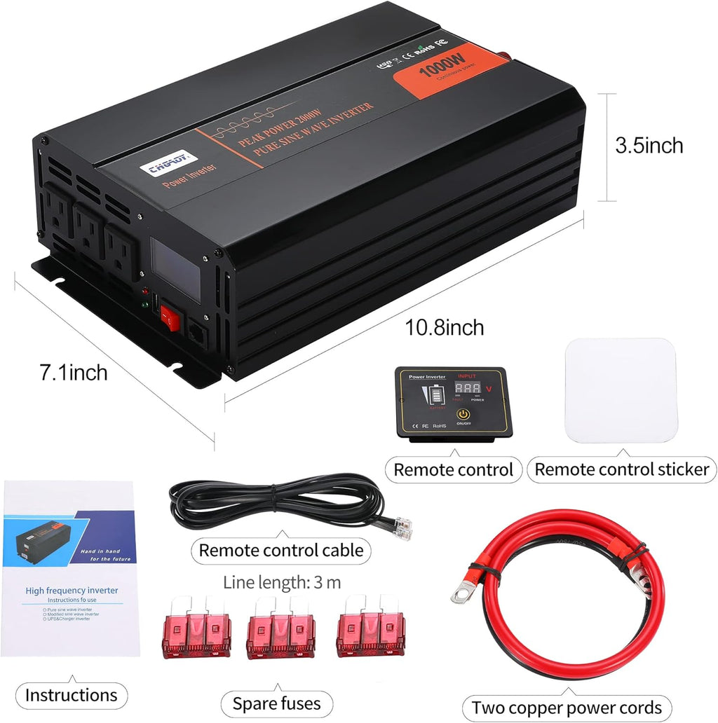 1000W Pure Sine Wave Power Inverter DC 12V to AC 120V with LCD Display Remote Control USB Port D121801
