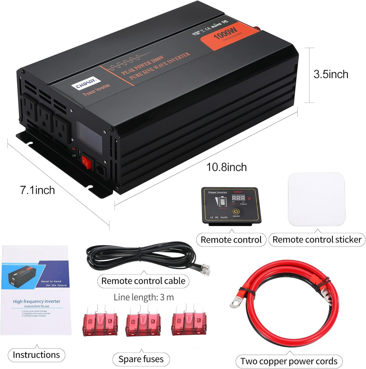 1000W Pure Sine Wave Power Inverter DC 12V to AC 120V with LCD Display Remote Control USB Port D121801
