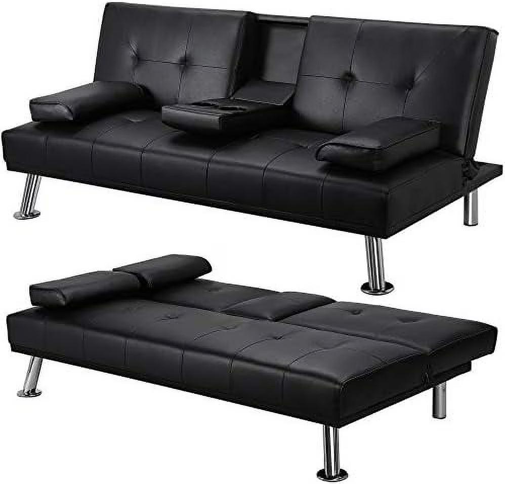 Gray Faux Leather Sofa Bed Futon with Armrest S486