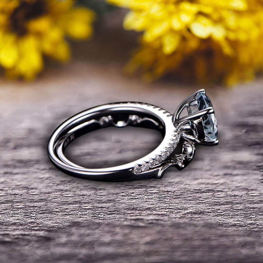 2 Carat 6mm Round Cut Blue Aquamarine Engagement Ring on 10k White Gold E112