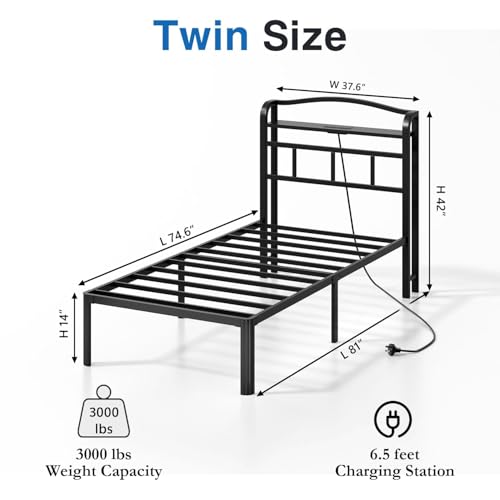 Black 14 Inch Full Size Metal Platform Bed Frame with Storage Headboard and Charging Station D609642
