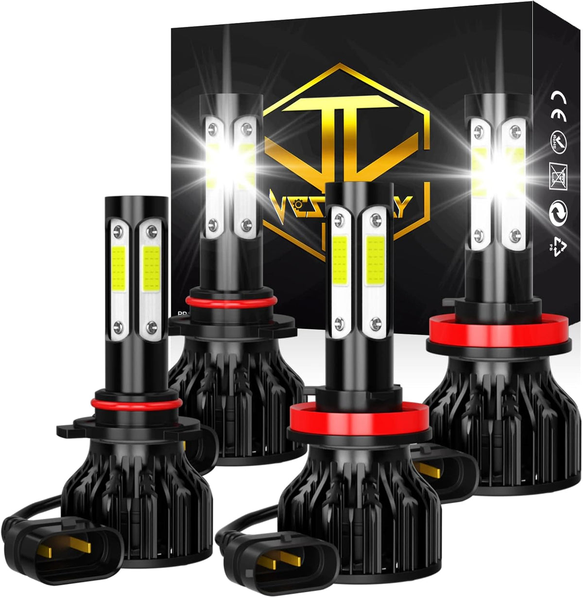 9007/HB5 High Low Beam + 9006/HB4 Fog Light Bulbs, Pack of 4 LED Headlights J269004