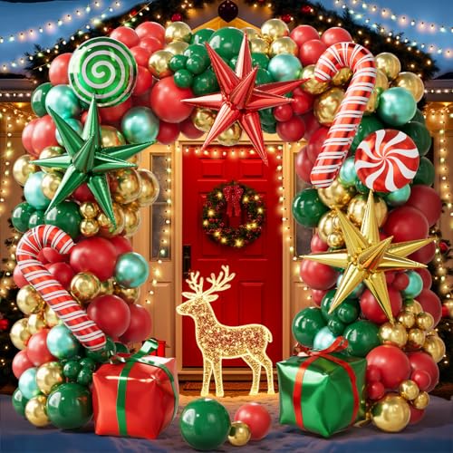 Christmas Balloon Arch Kit, 179PCS Red Green Gold Balloon Garland J7460
