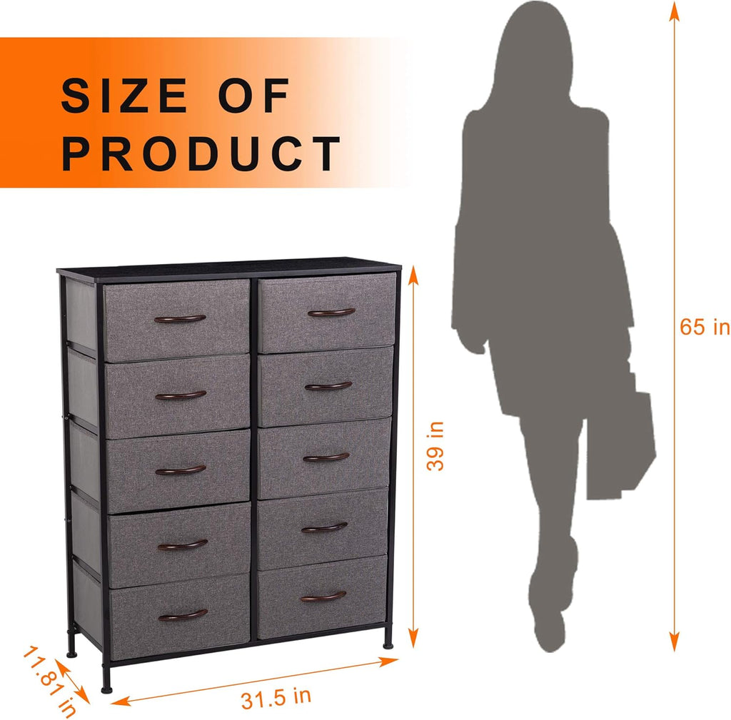 10 Drawer Vertical Dresser with Steel Frame and Fabric Bins U143