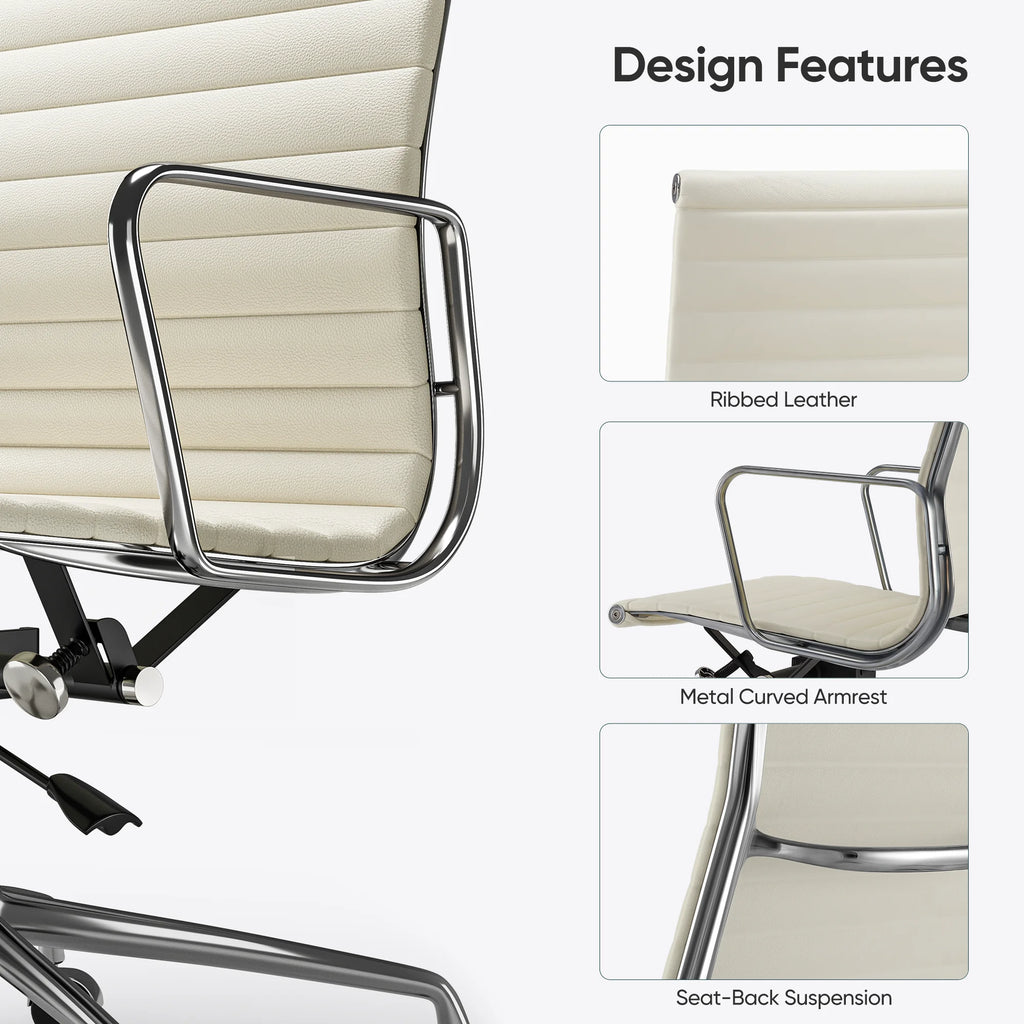 Ribbed Genuine Leather White Office Chair Q406