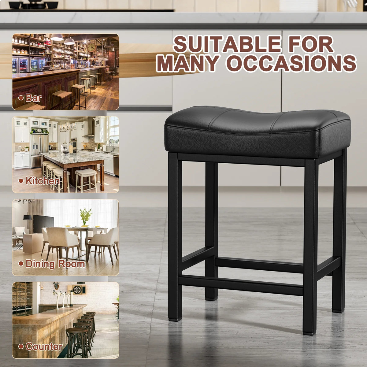 Black PU Leather Counter Bar Stools Set of 2 with Metal Base K493012