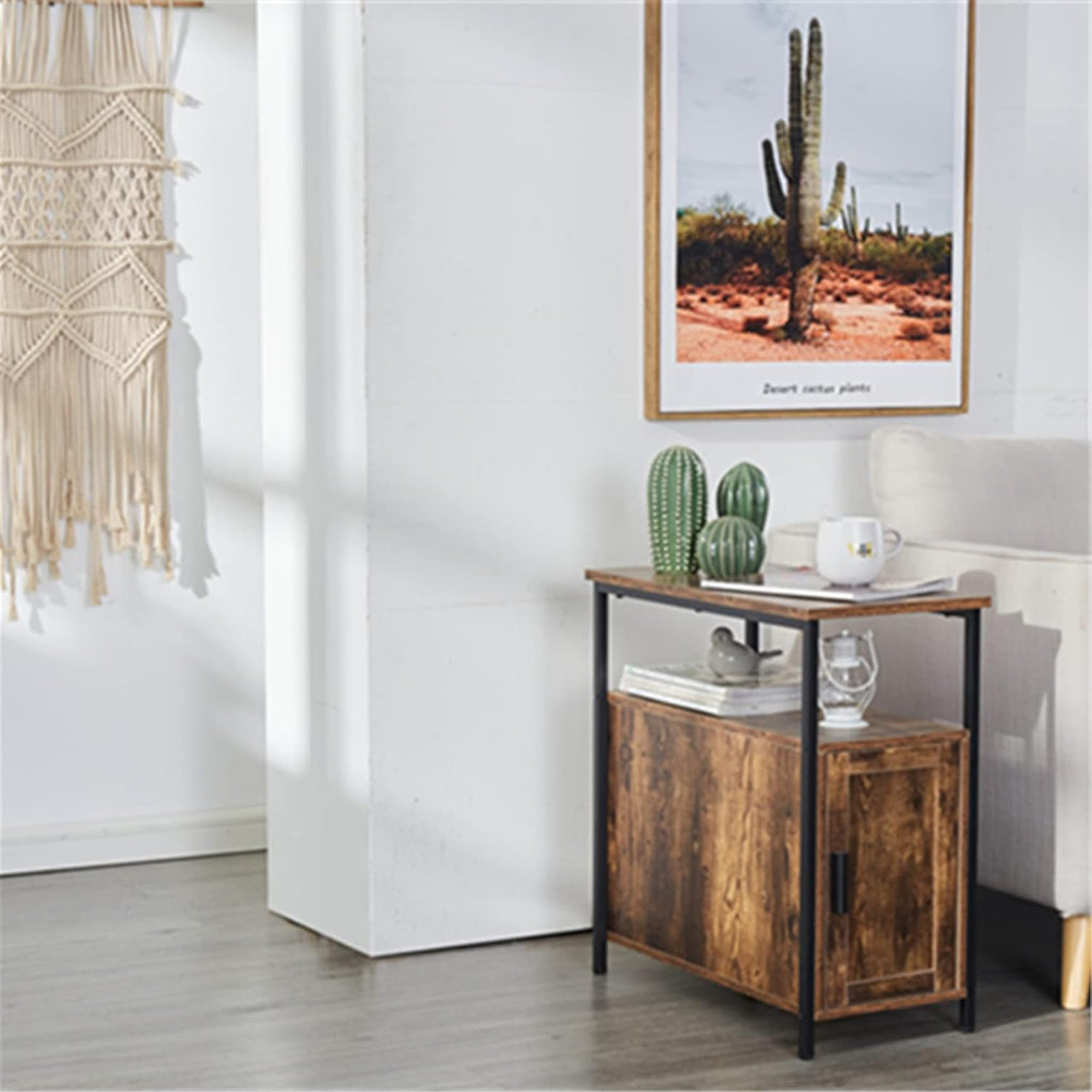 Rustic Brown Wooden End Table with Shelf and Storage Cabinet D656548