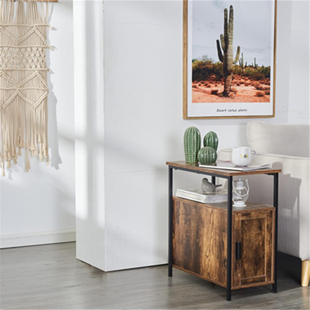Rustic Brown Wooden End Table with Shelf and Storage Cabinet D656548