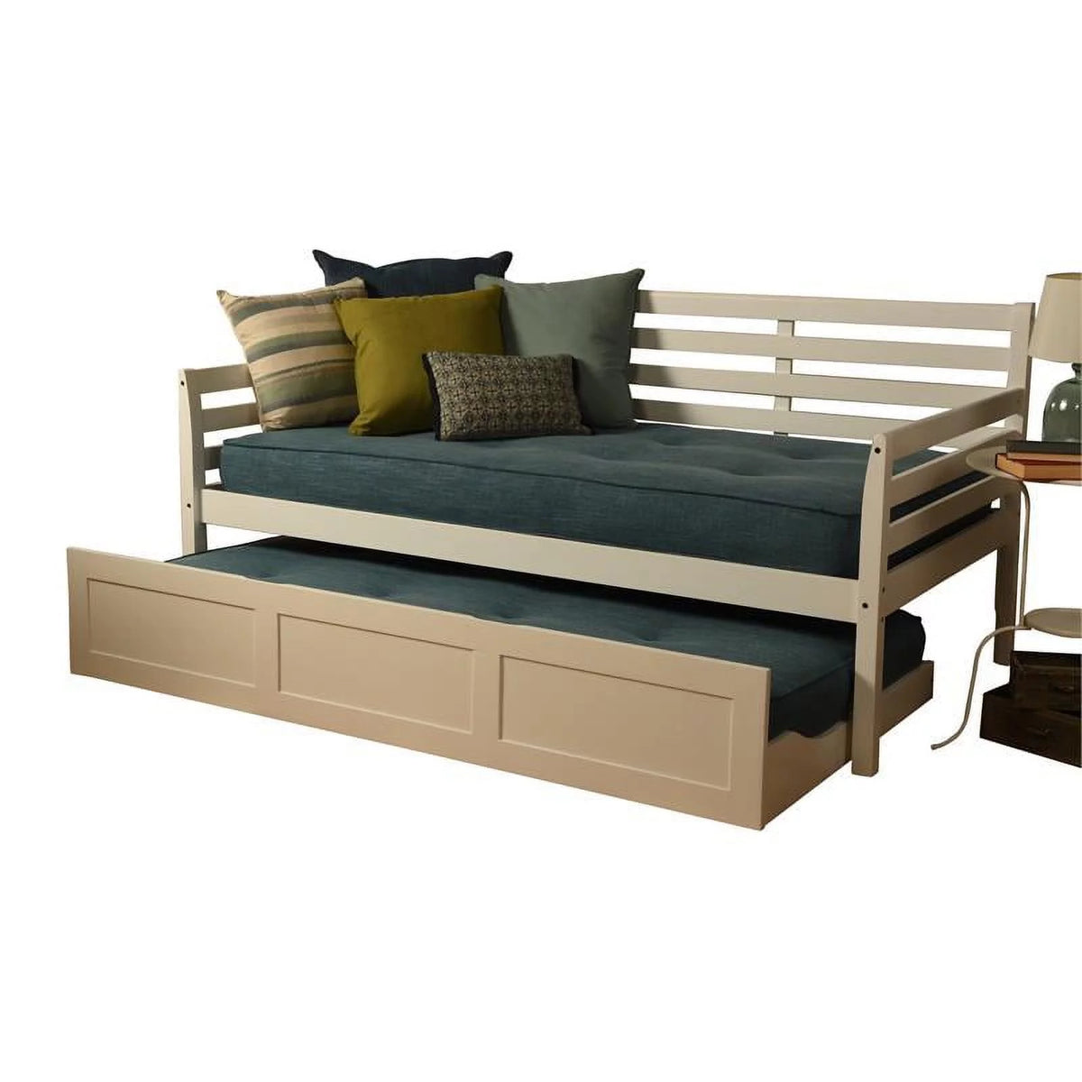 White Daybed and Trundle with Linen Aqua Mattresses K8742