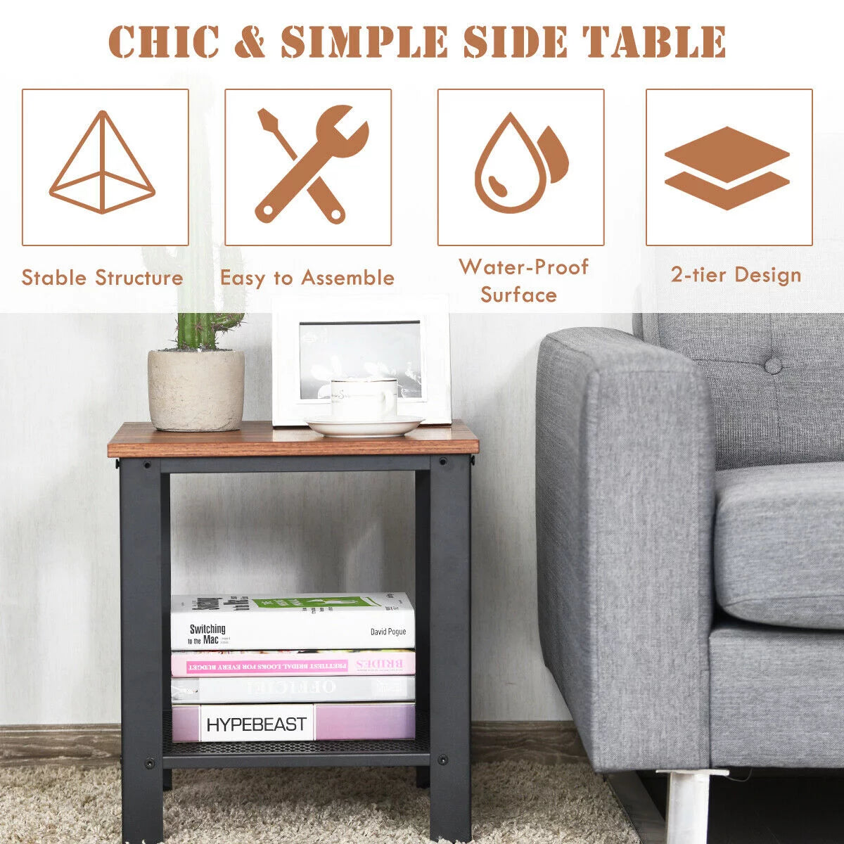 Set of 2 Black 2 Tier Side Table with Storage Shelf H98993