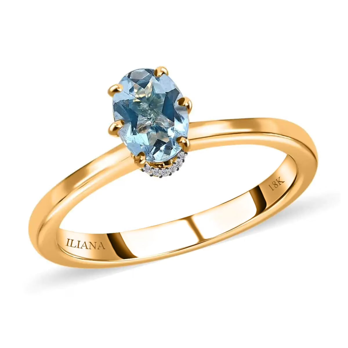 Oval Blue Aquamarine White Diamond 18K Yellow Gold Ring Size 7 D449