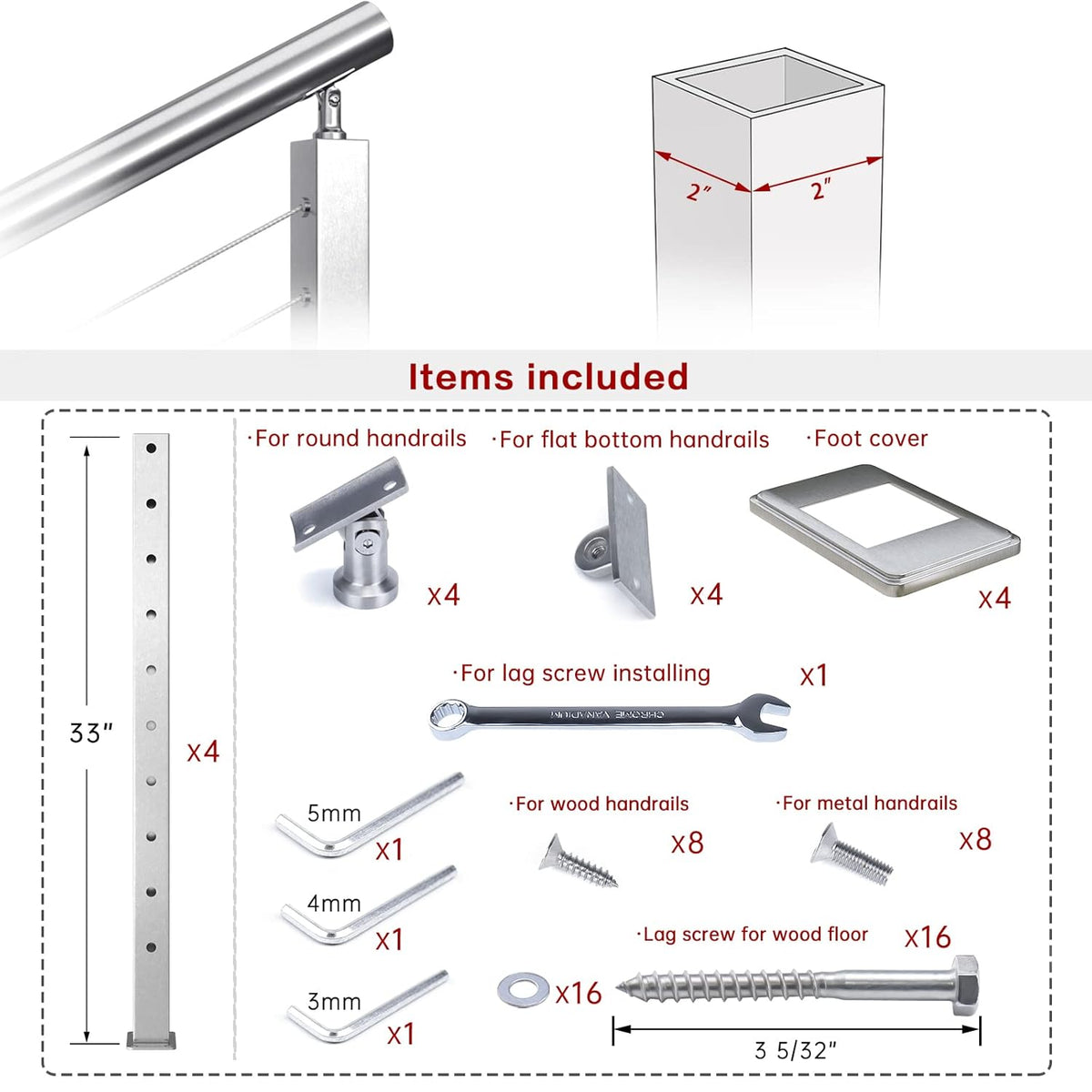 4Pack Stainless Steel Brushed Cable Railing Post E89207