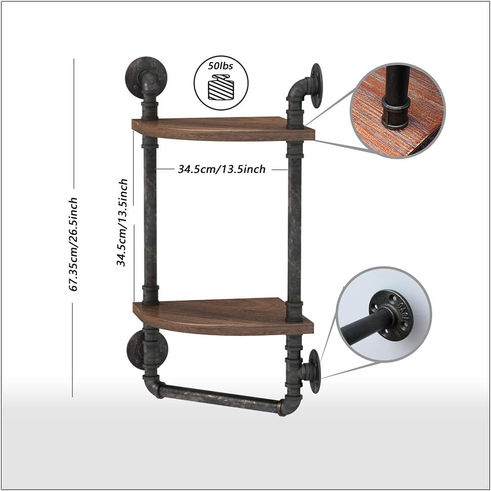 Industrial Pipe Corner Shelves, Rustic Wall Mount 2-Tiers Towel Racks with Towel Bar, Metal Bookcase, Real Wood Storage Shelving L903872