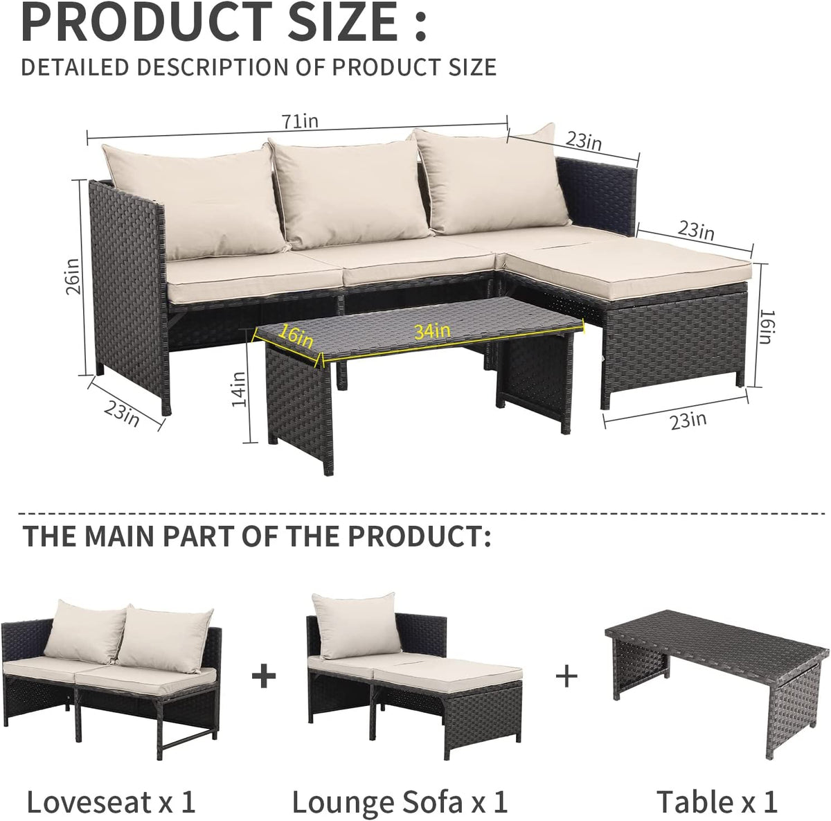3-Piece Outdoor PE Rattan Patio Conversation Sofa Set R635514