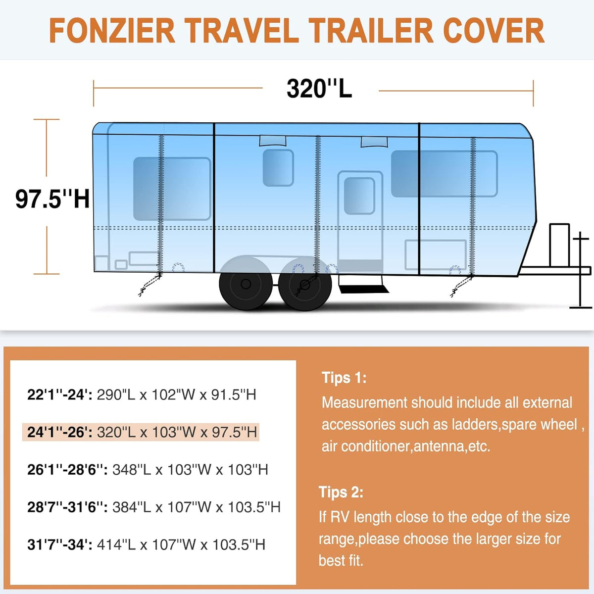 Heavy Duty 6 Layers Travel Trailer RV Cover Anti-UV Camper Cover for 24'1" - 26' Motorhome Breathable Rip-Stop with 2Pcs Extra Straps & Gutter Spout Covers U12426