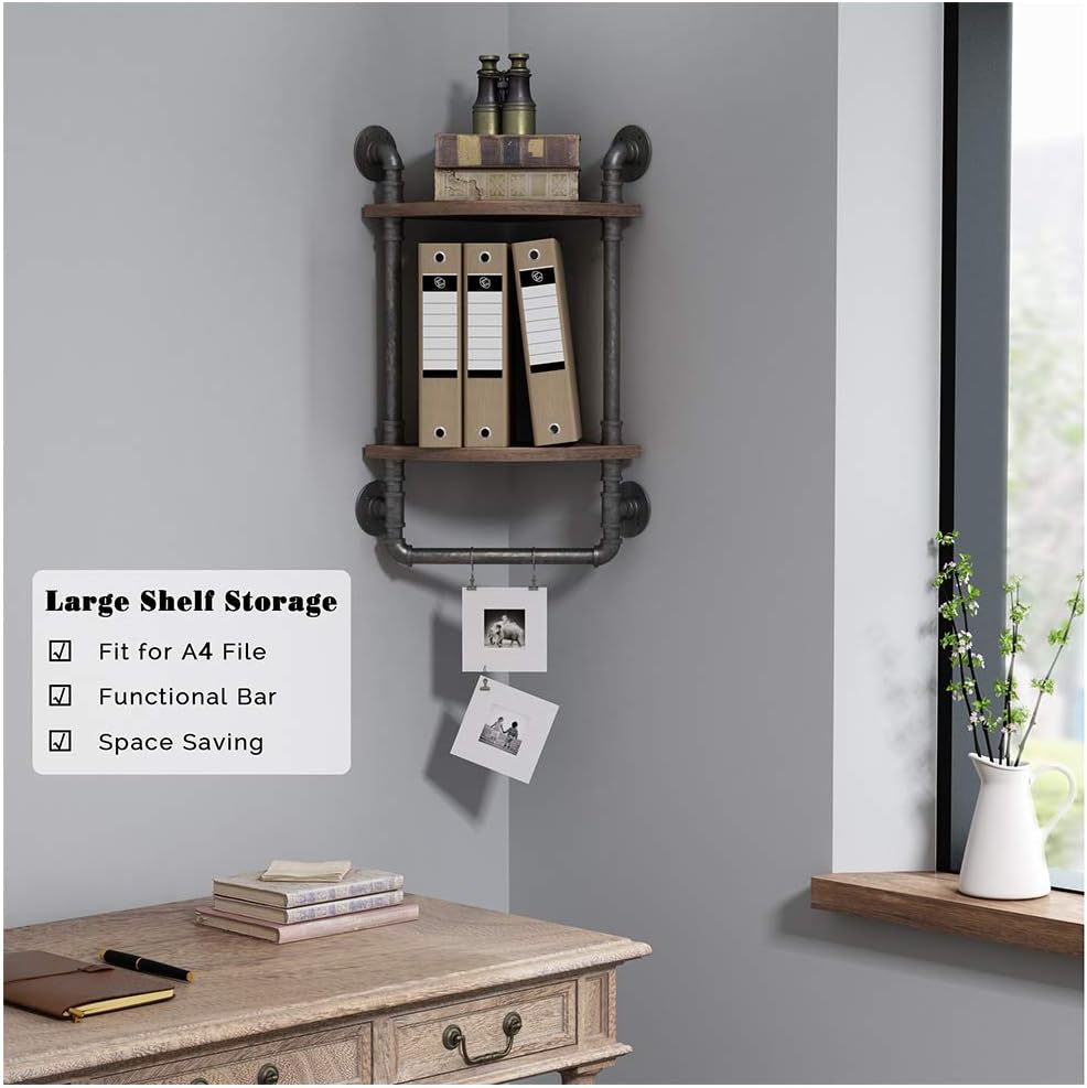 Industrial Pipe Corner Shelves, Rustic Wall Mount 2-Tiers Towel Racks with Towel Bar, Metal Bookcase, Real Wood Storage Shelving L903872
