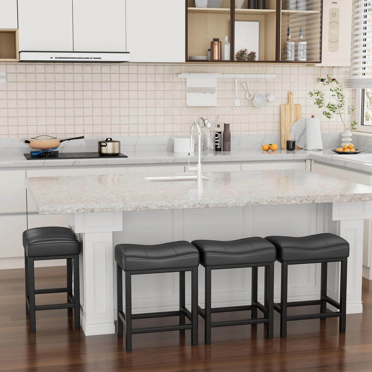 Black PU Leather Counter Bar Stools Set of 2 with Metal Base K493012