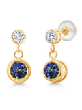 14K Yellow Gold Blue Mystic Topaz and White Diamond Two Stone Bezel Dangle Earrings D1832