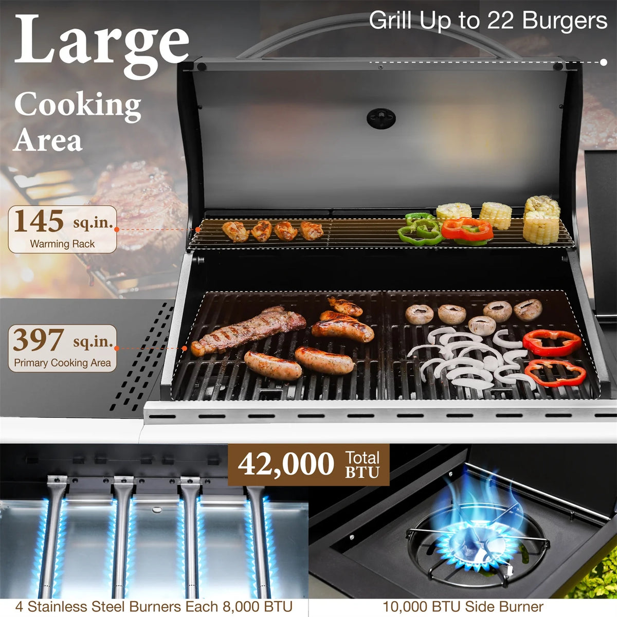 4 Burner Propane Gas Grill with Side Burner Stainless Steel L925