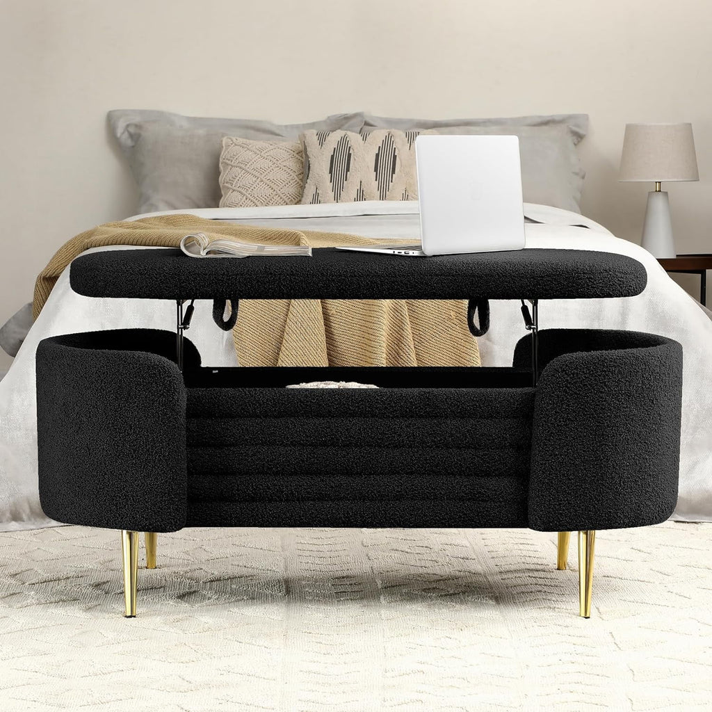Black Sherpa Fabric Storage Bench J77953