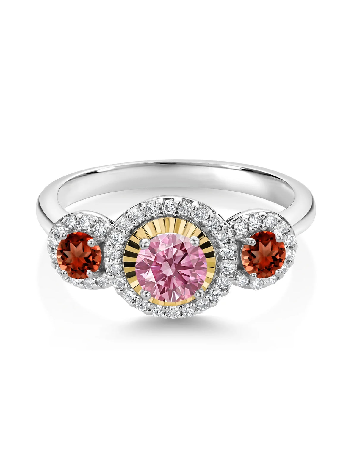 Pink Lab Grown Diamond Red Garnet 925 Silver 10K Yellow Gold 3 Stone Engagement Ring B405565