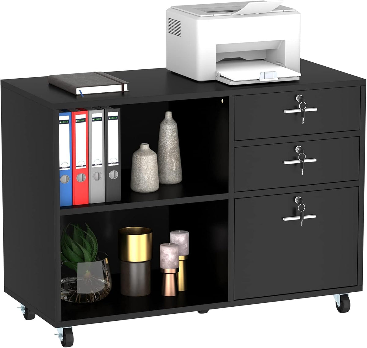 Grey 3 Drawer Mobile Lateral Filing Cabinet with 2 Open Shelves B59808