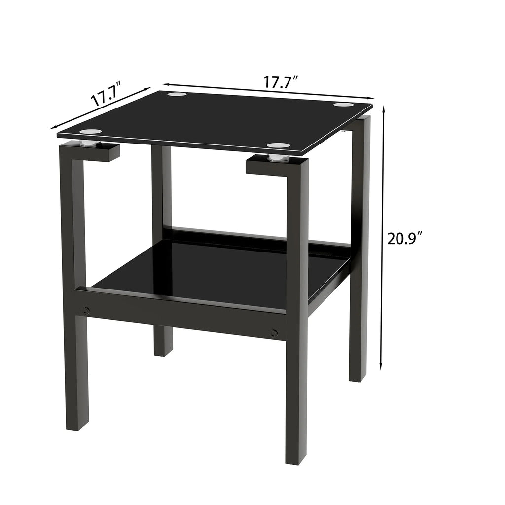 Black Tempered Glass 2-Layer Side Table with Storage Shelf S3855