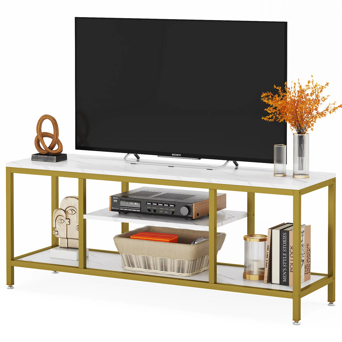 59" 3 Tier TV Stand with Open Storage Shelves I53382
