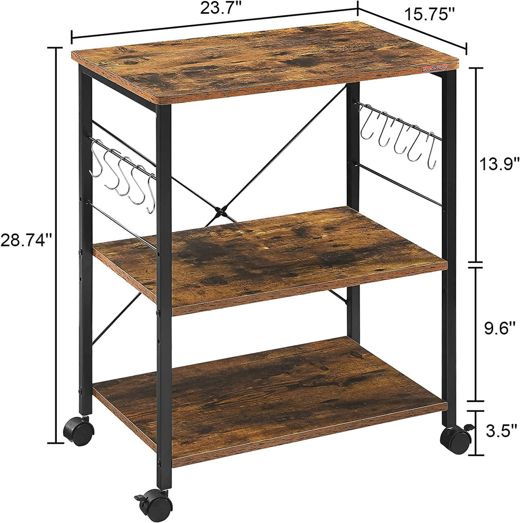 3-Tier Kitchen Utility Storage Shelf with Rolling Wheels, 10 Hooks, Brown F251