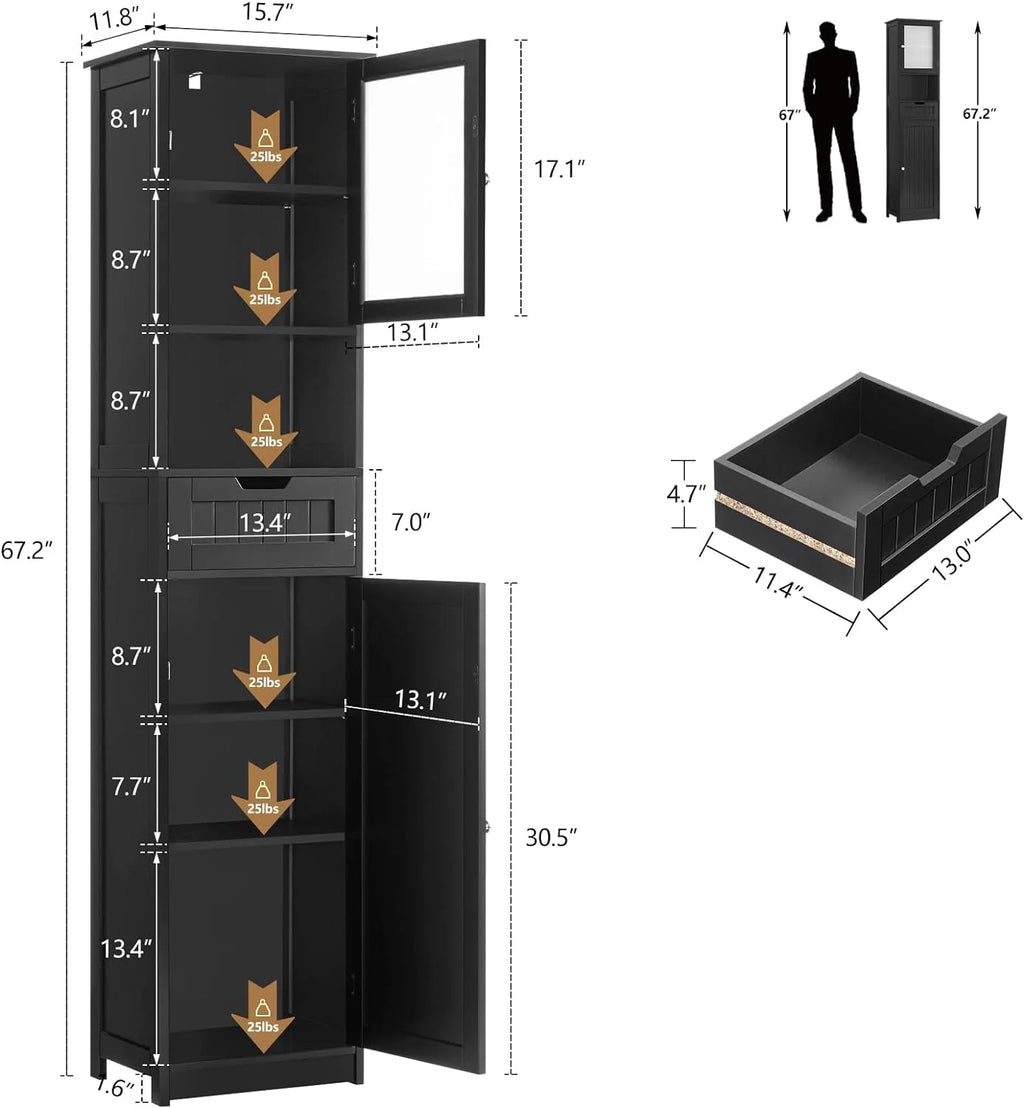 67.2" H Black Bathroom Storage Cabinet with 2 Doors & 1 Drawer Z8624
