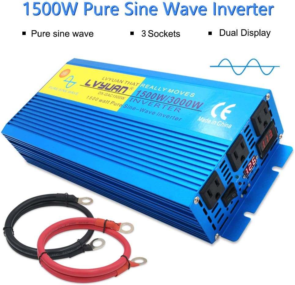 1500W Pure Sine Wave Power Inverter 12V DC to 110V AC with 3 AC Outlets O788791