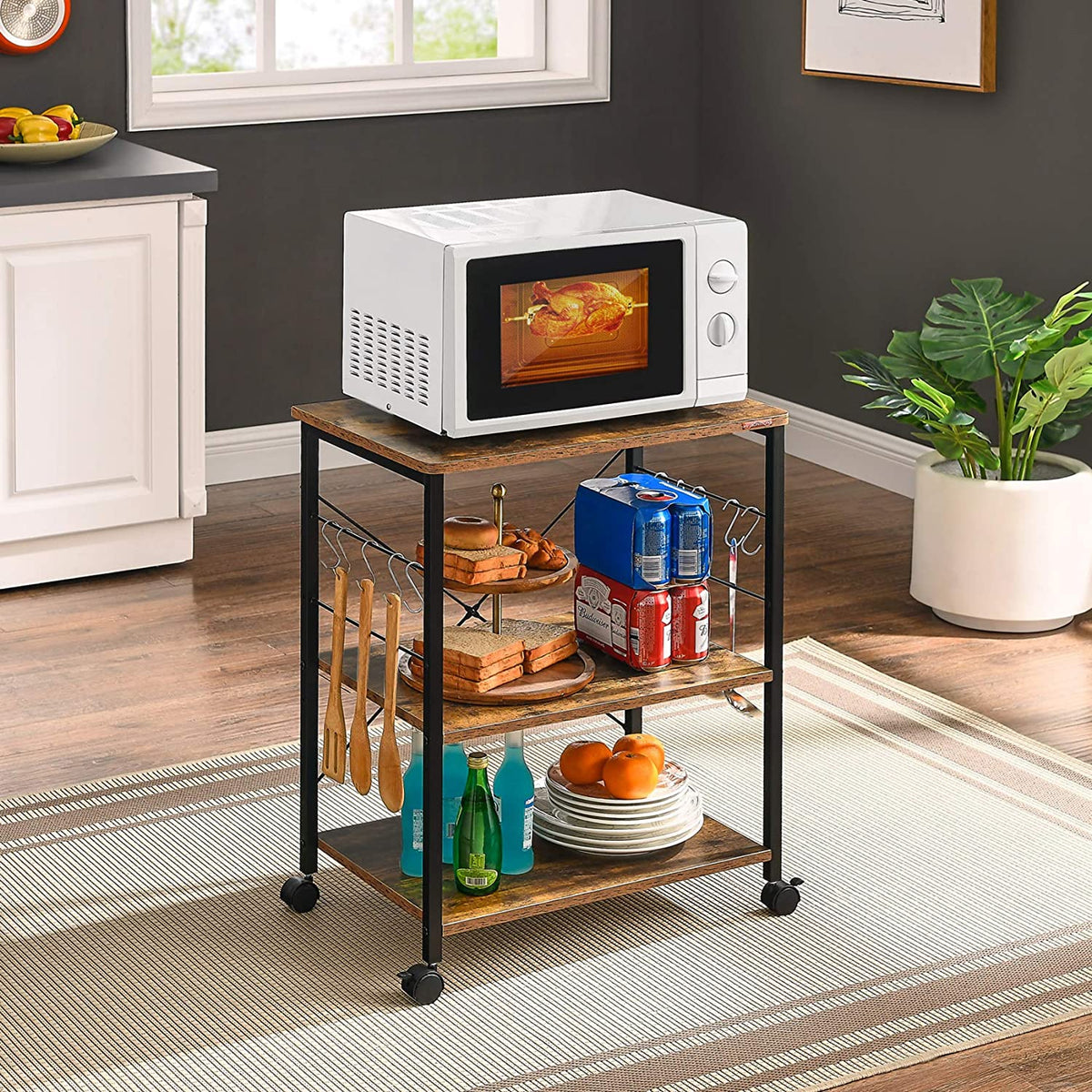 3-Tier Kitchen Utility Storage Shelf with Rolling Wheels, 10 Hooks, Brown F251