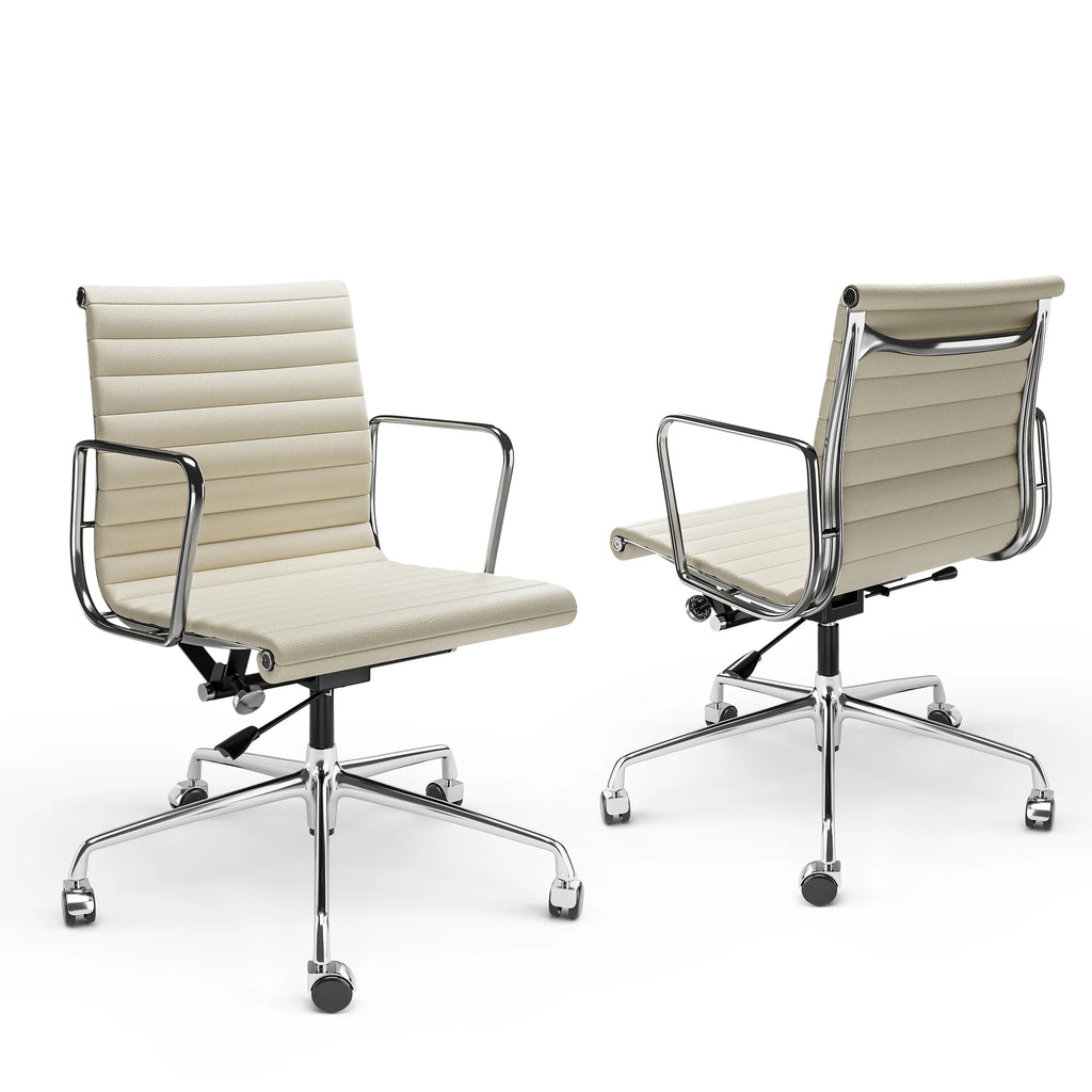 Ribbed Genuine Leather White Office Chair Q406