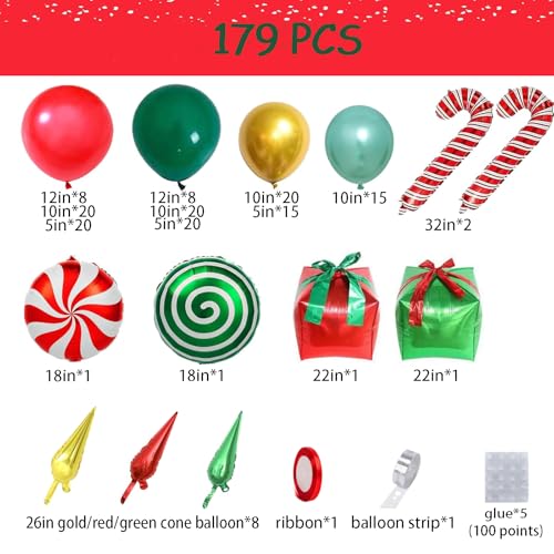 Christmas Balloon Arch Kit, 179PCS Red Green Gold Balloon Garland J7460