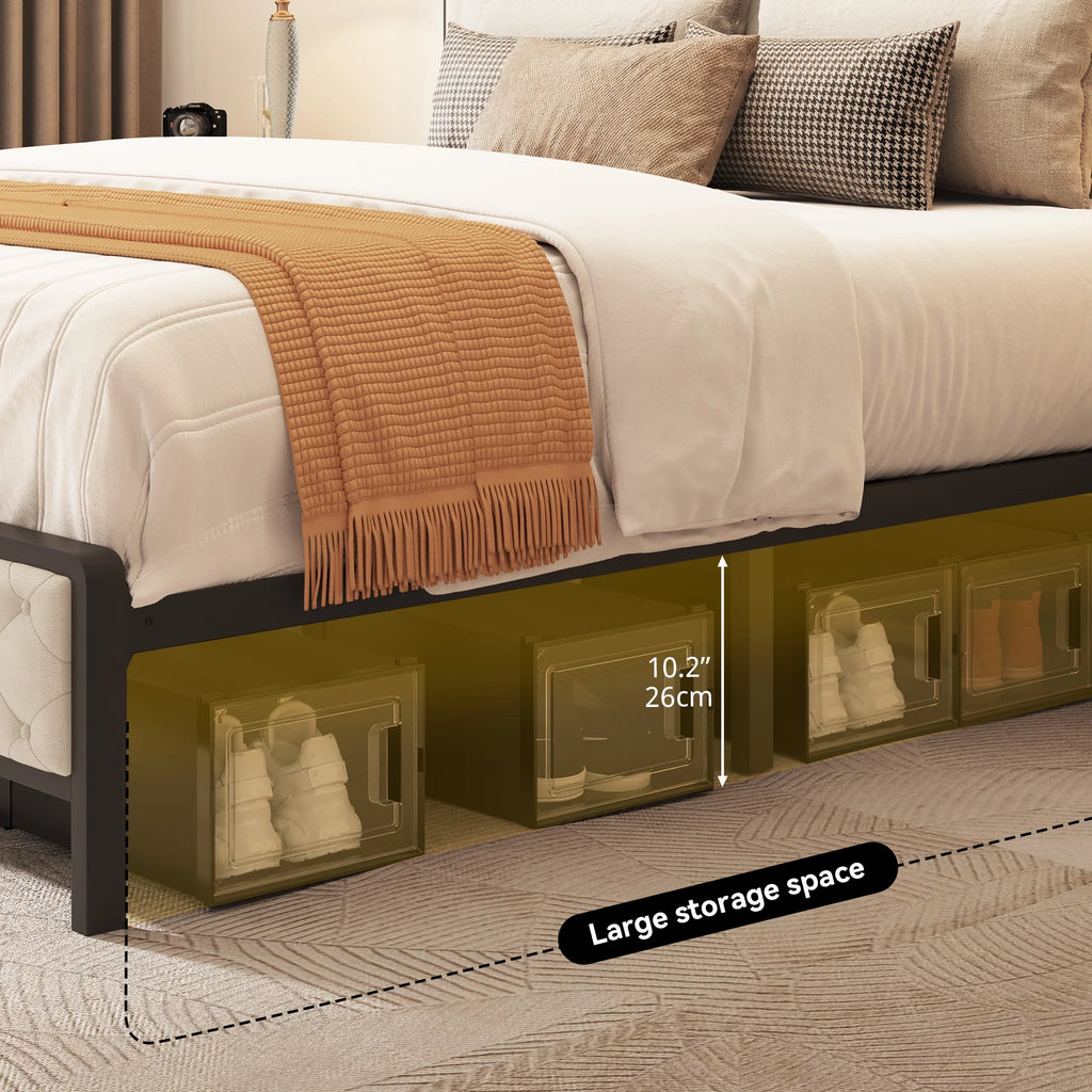 Queen Size Beige Metal Bed Frame with Storage Headboard I8338