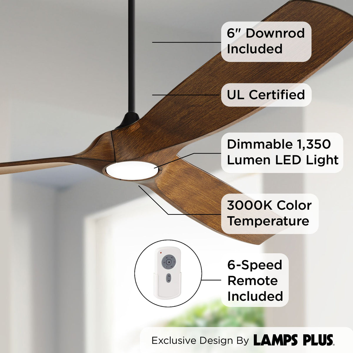 70" Black Koa Damp Rated Indoor Outdoor Ceiling Fan with Dimmable LED Light Remote D83639